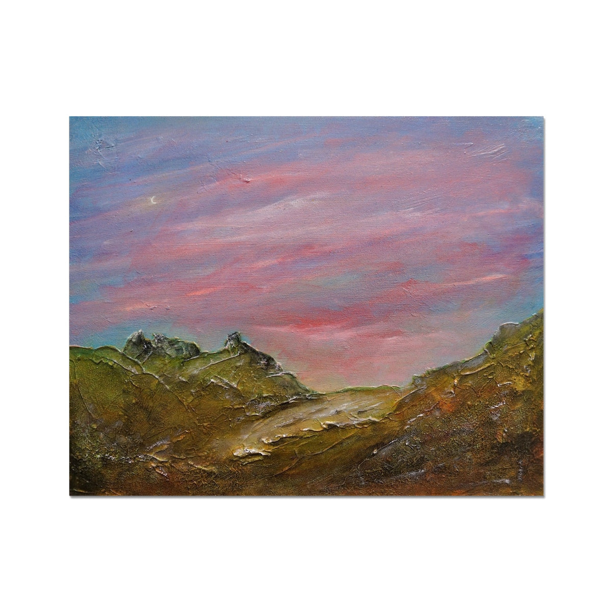 Mountain landscape painting in pink purple hues textured brushstrokes Approaching The Cobbler Artist Proof Collector Print