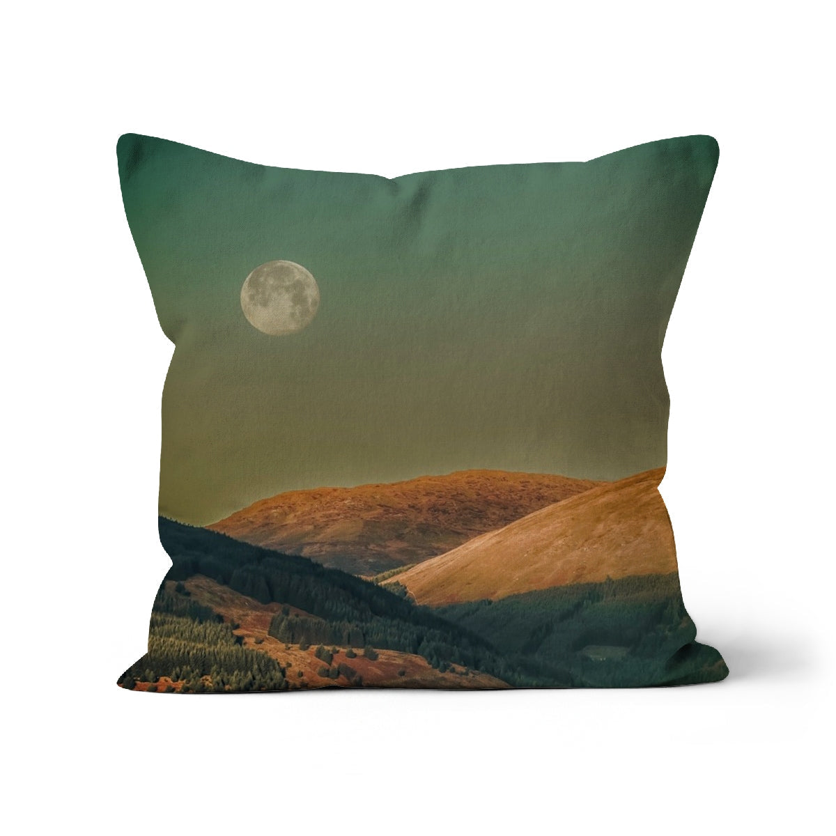 Argyll Moon Cushion: green textured fabric with mountain and full moon design
