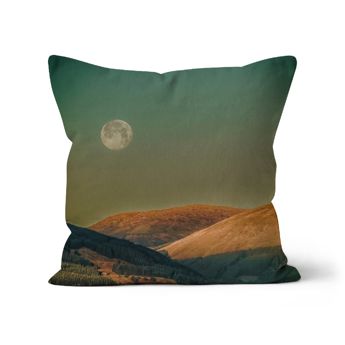 Argyll Moon Cushion: green moon design on brown hills grass pattern