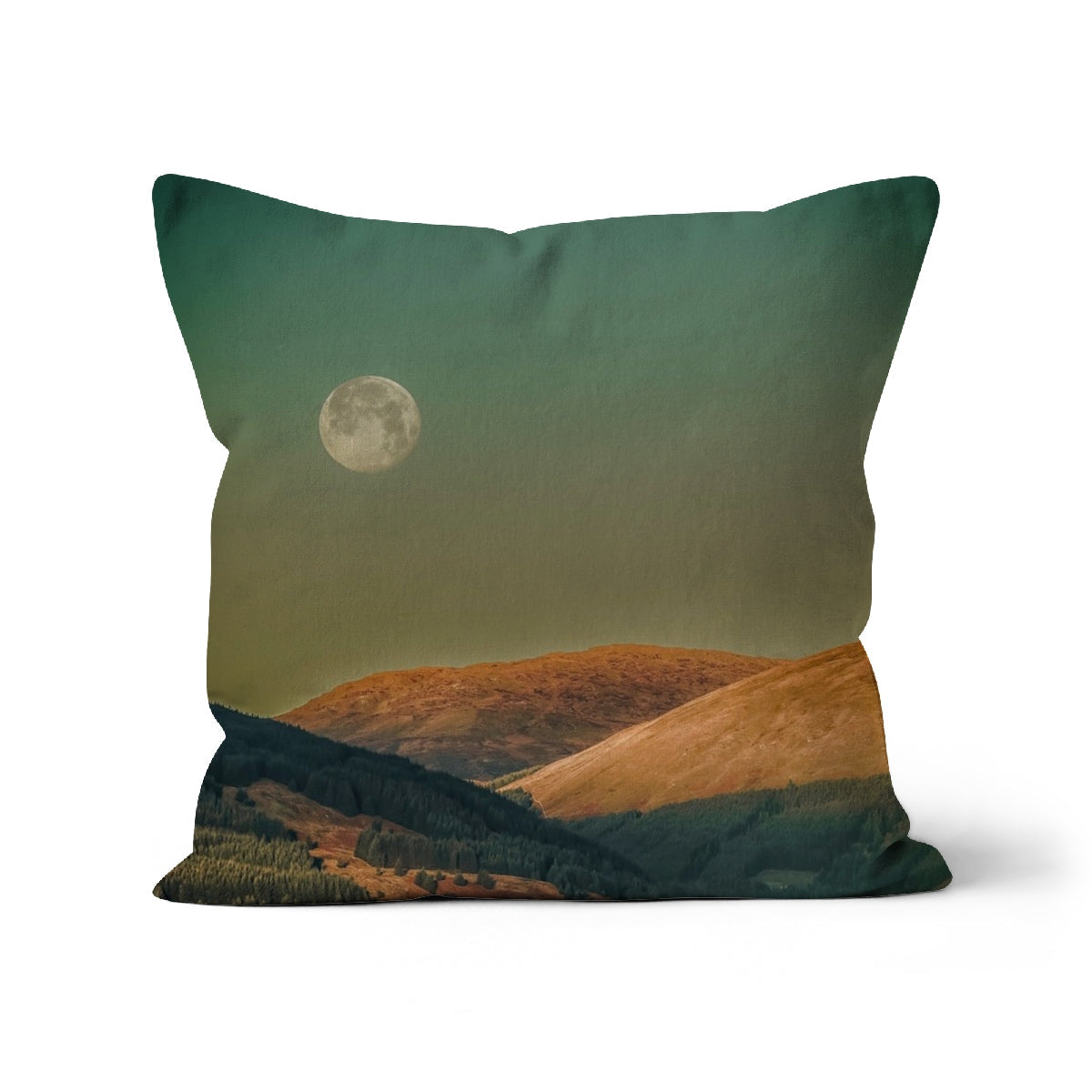 Argyll Moon Cushion: green polyester with moon and hills design