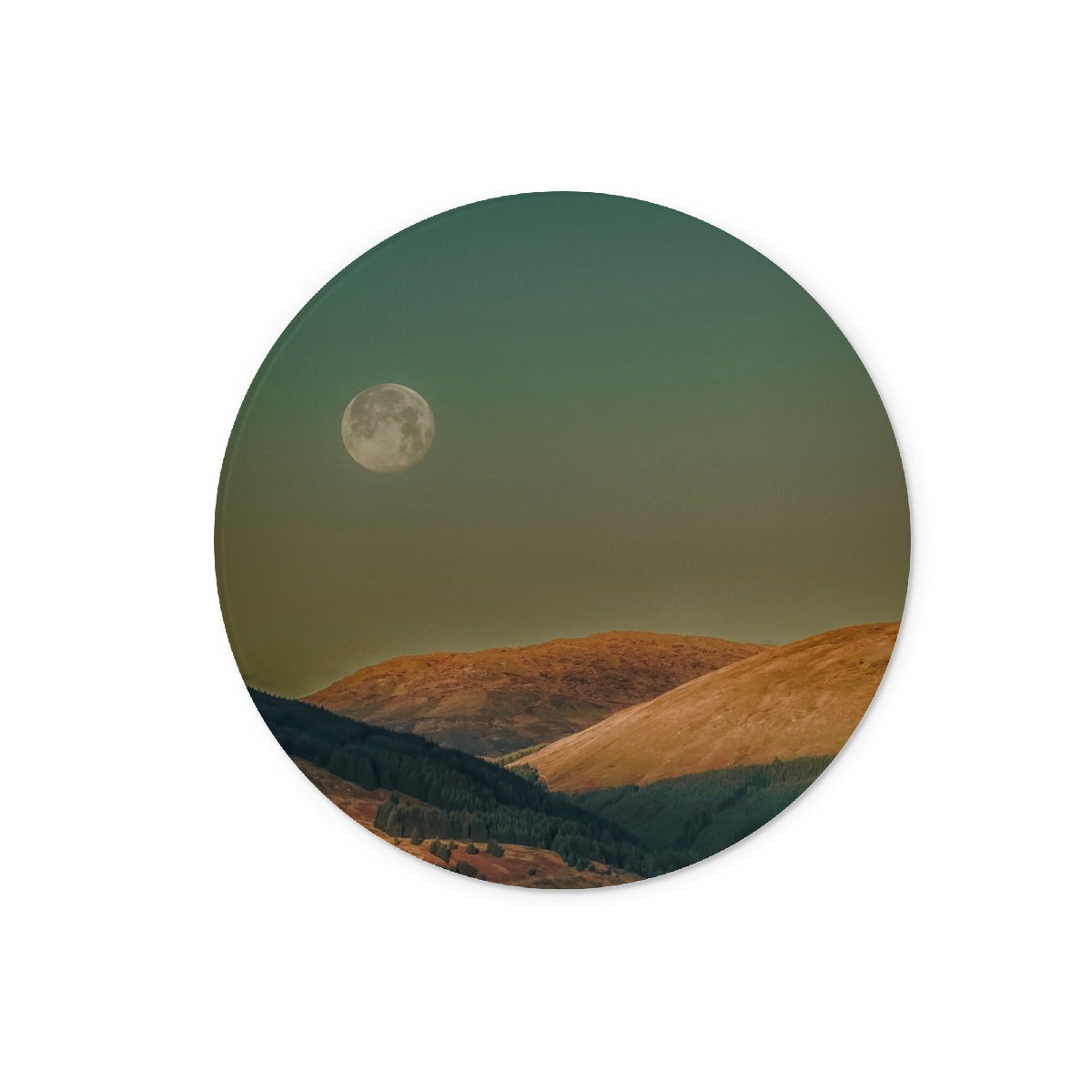 Green desert moon coaster on Argyll Moon Glass Chopping Board
