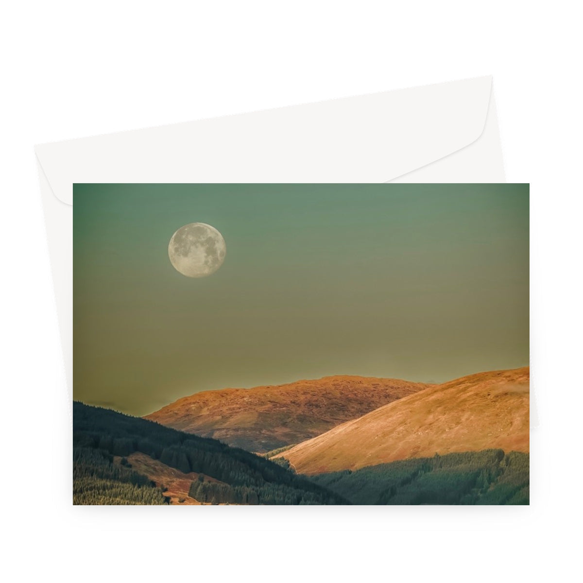Argyll Moon Greeting Card with full moon on gold teal gradient background