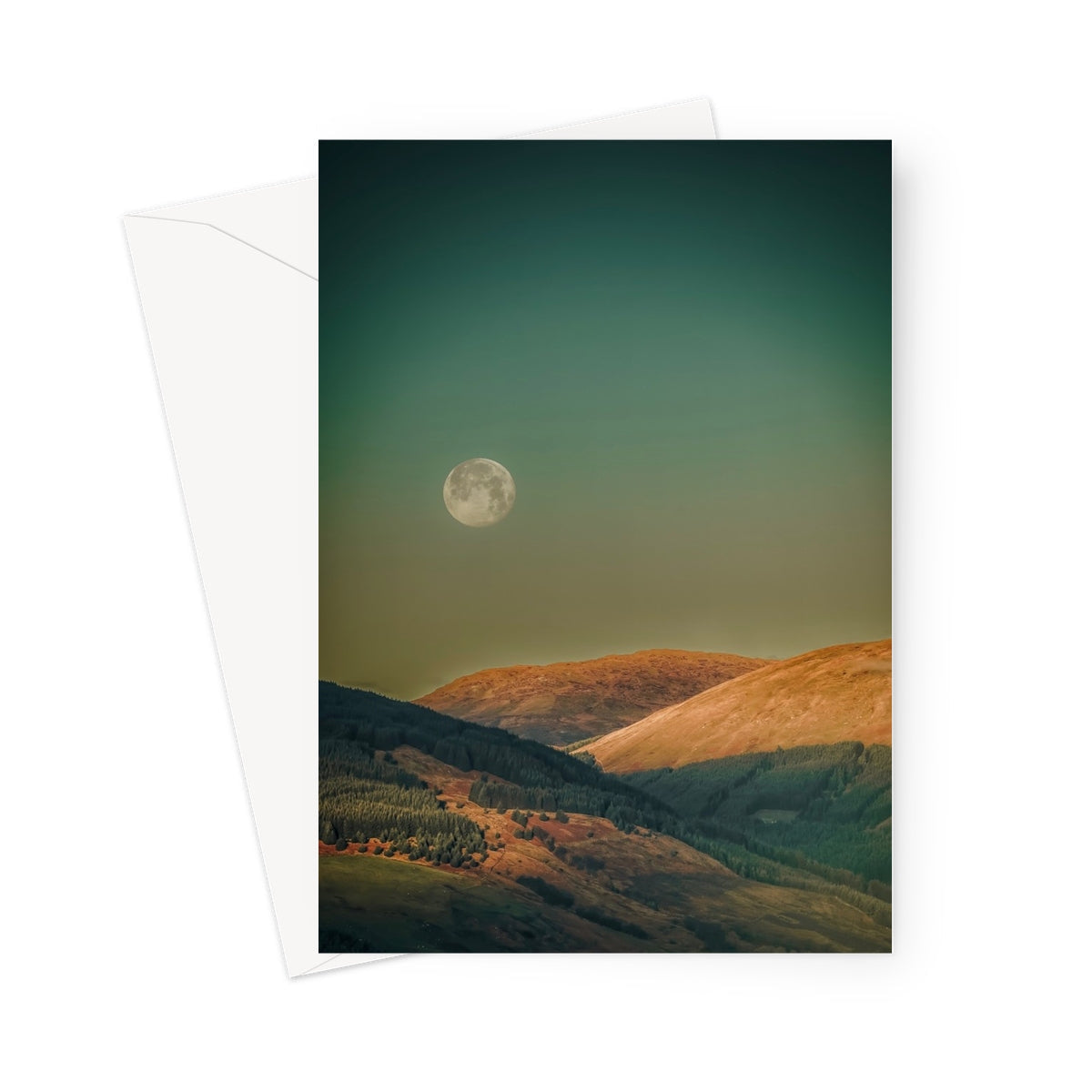 Argyll Moon Greeting Card: Green and yellow mountain landscape with full moon
