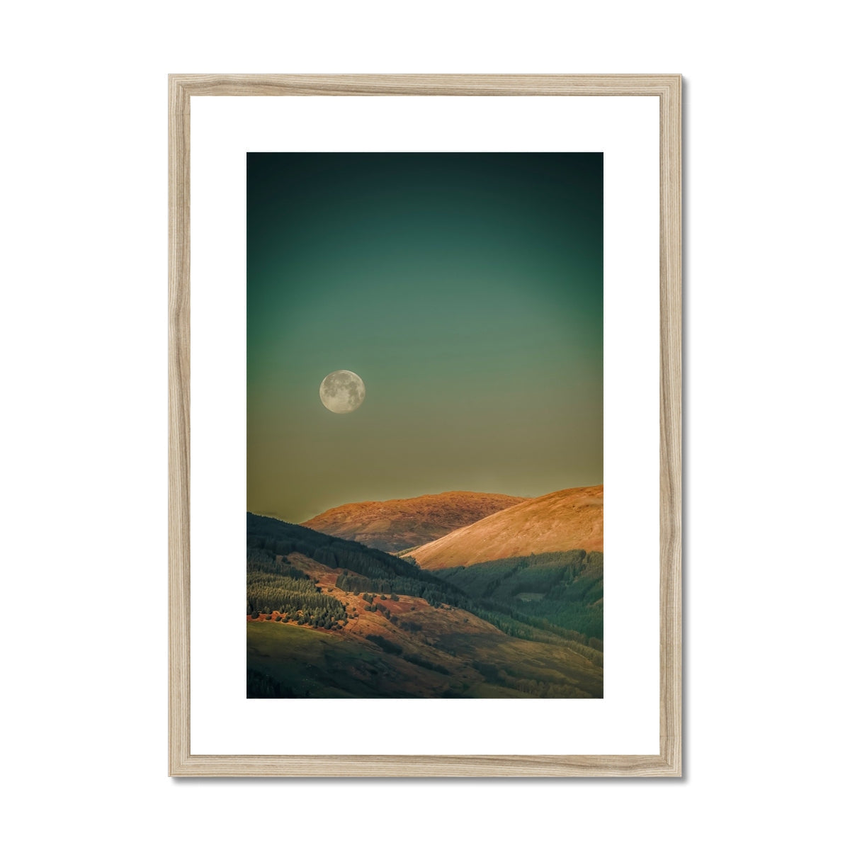 Argyll Moon wooden-framed print of full moon over rolling hills and green sky