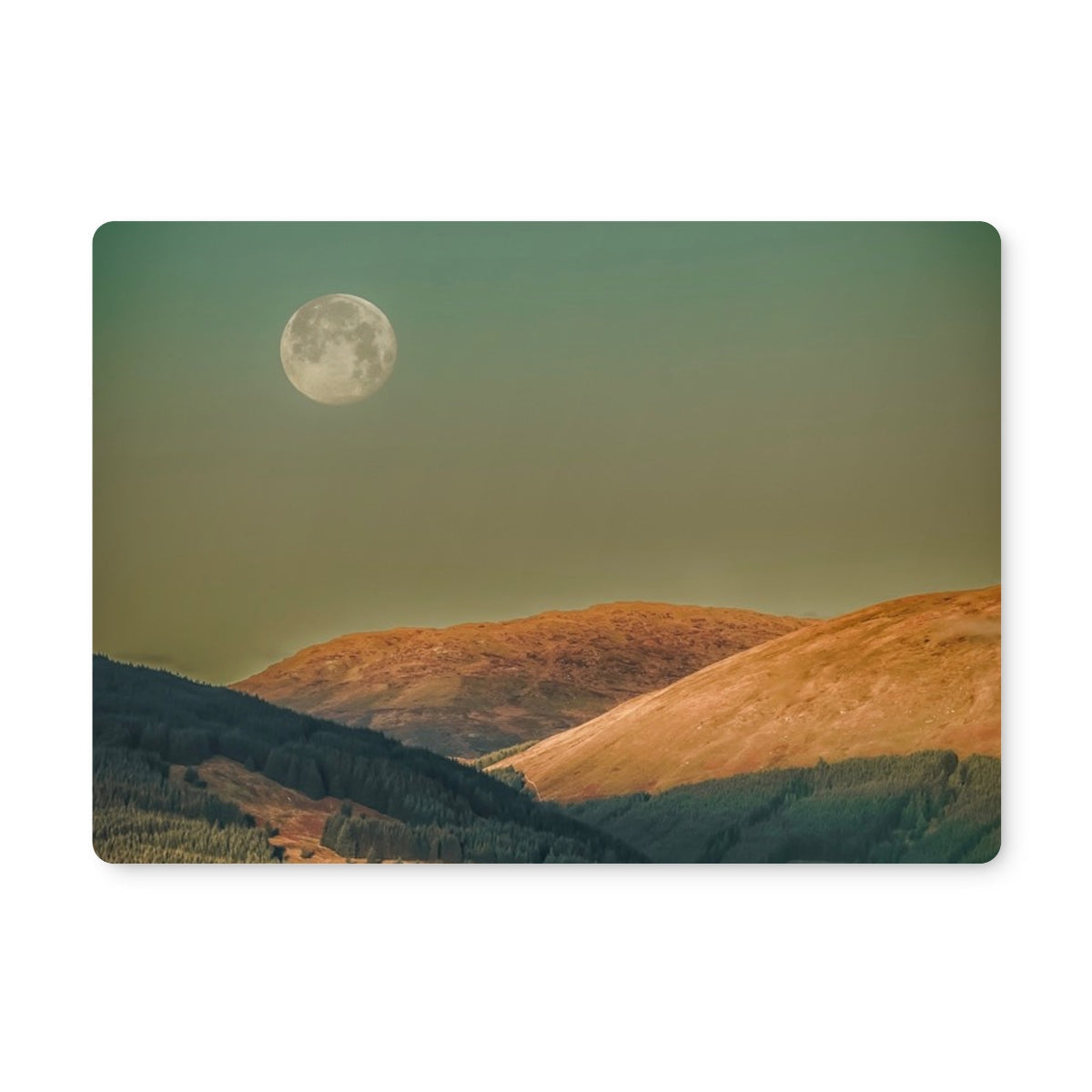 Argyll Moon Placemat: 8x10 full moon night sky print with golden mountains on teal