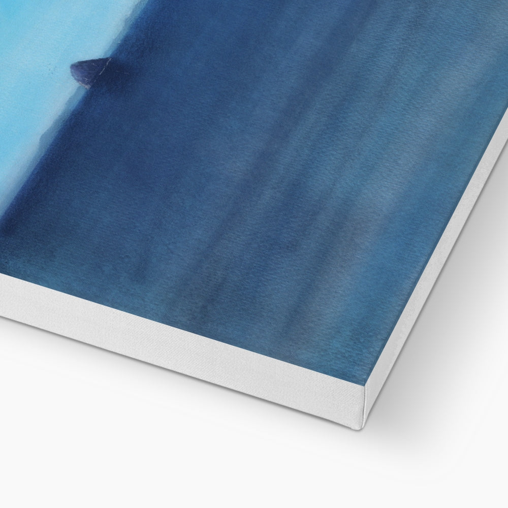 Blue abstract art print on canvas with silver frame, Arran & Ailsa Craig