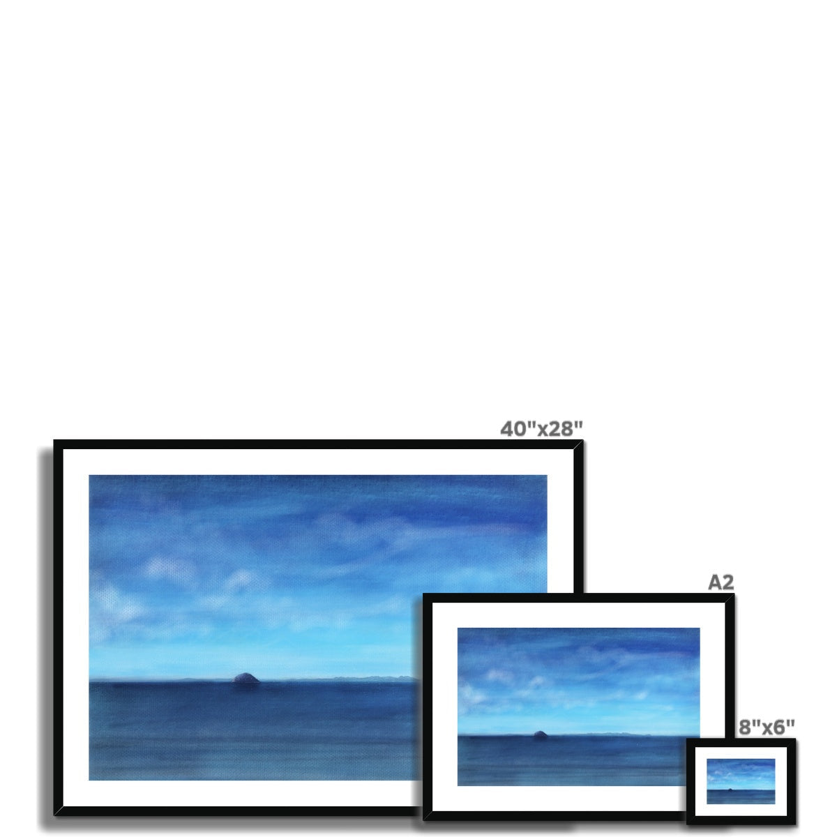 Framed 40x28 ocean landscape print with white mat, black frame, Arran & Ailsa Craig