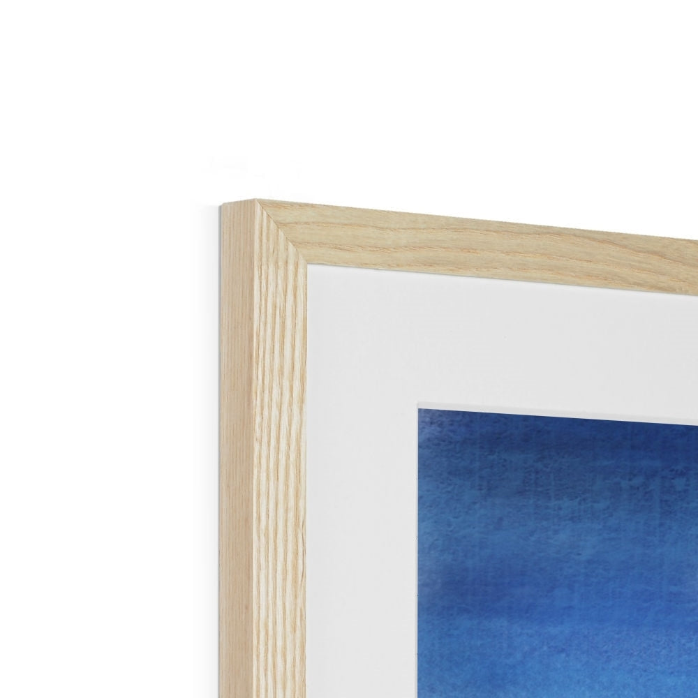 Arran and Ailsa Craig art print in wooden frame with blue gradient background