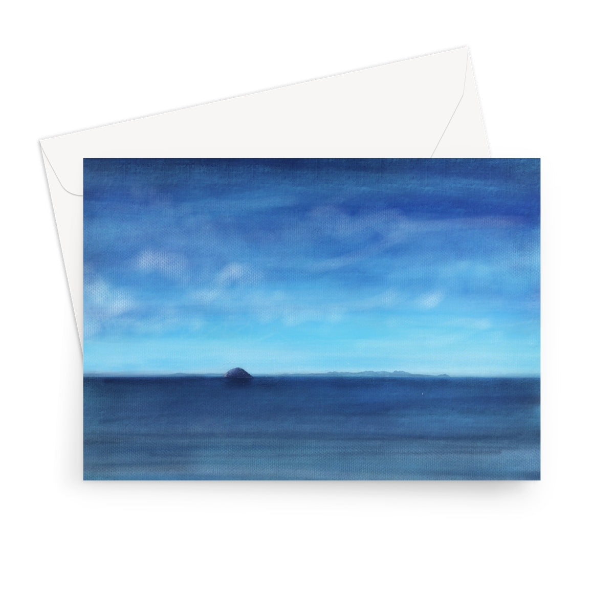 Arran & Ailsa Craig minimalist blue ocean view greeting card with white envelope