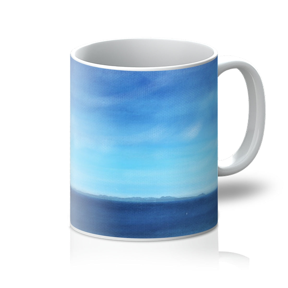 Arran and Ailsa Craig ceramic mug with blue and white ocean scene design