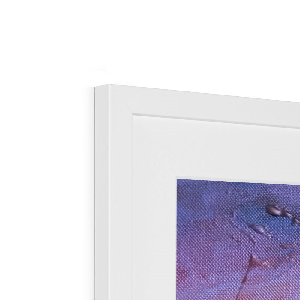 White framed arran amethyst art print featuring a textured abstract painting with blended purple and blue hues