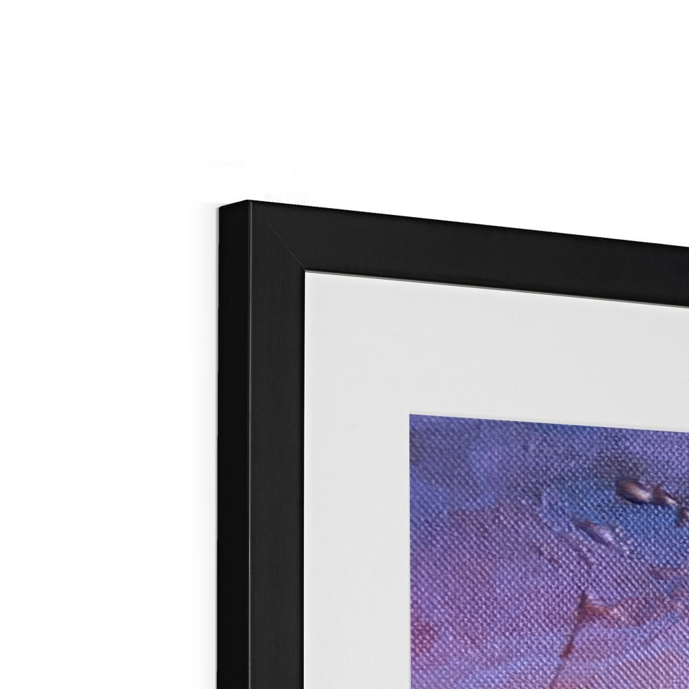Black-framed Arran Amethyst art print featuring textured purple fabric-like design for wall decor