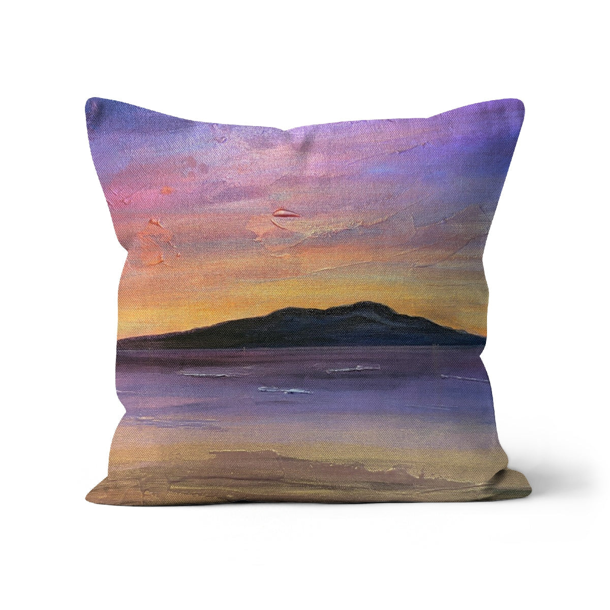 Square throw pillow arran amethyst cushion with textured painterly sunset in purple pink and orange hues over dark island silhouette