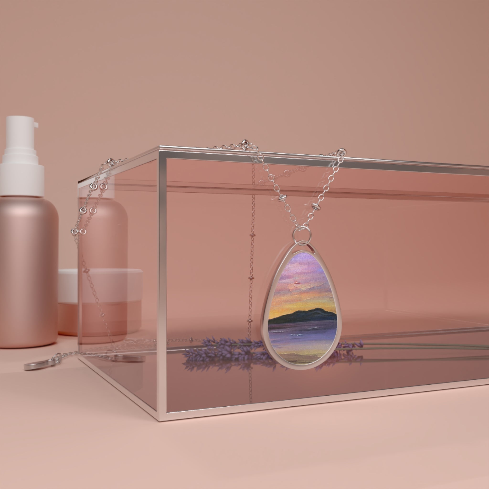 Silver teardrop pendant necklace with painted sunset over water from arran amethyst scottish art jewellery collection