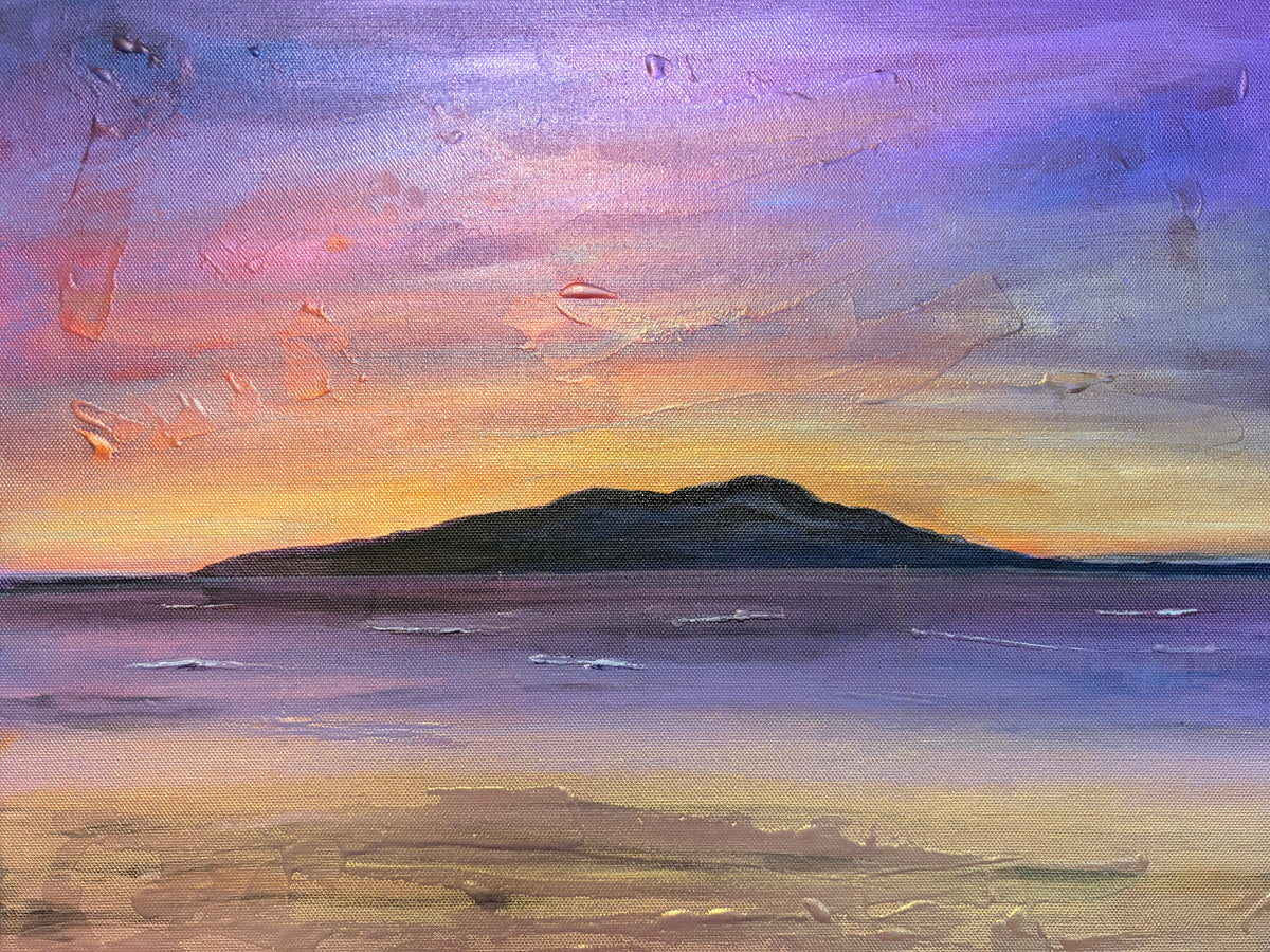 A textured canvas painting of a silhouetted island at sunset with vibrant purple and orange skies titled arran amethyst
