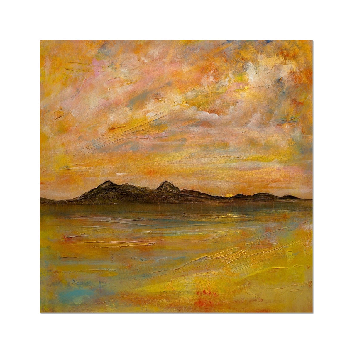 Yellow and orange abstract landscape painting with textured brushstrokes, Arran Dusk Artist Proof Collector Print
