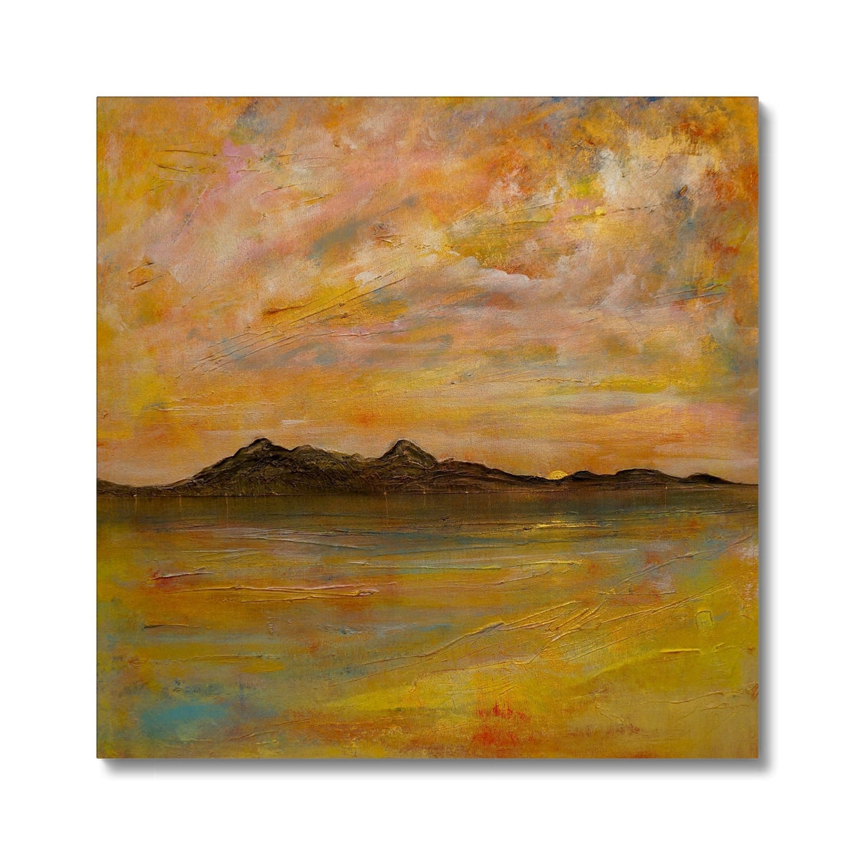 Yellow and orange abstract landscape painting with textured brushstrokes on Arran Dusk canvas print