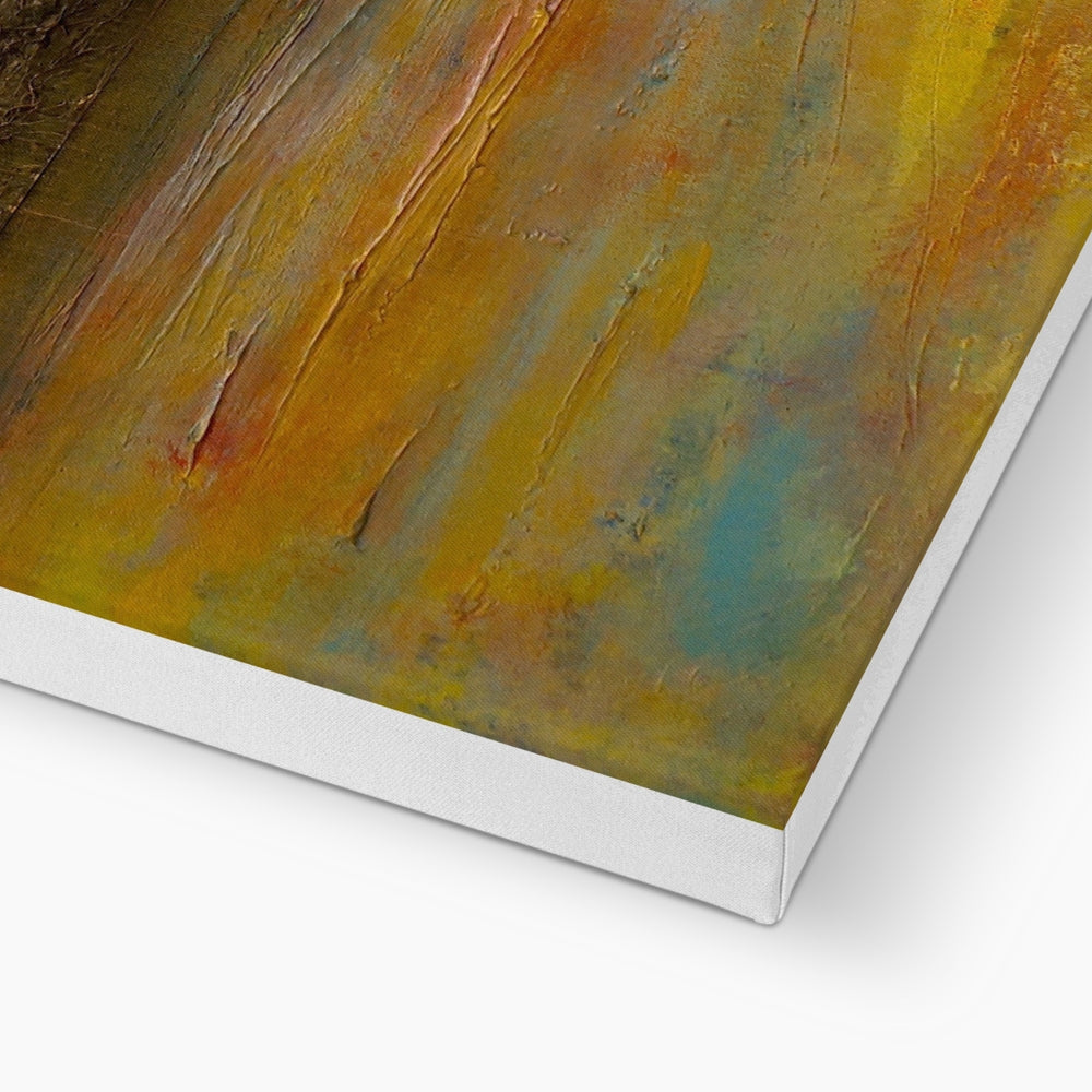 Arran Dusk canvas print with warm yellow orange abstract design in white frame