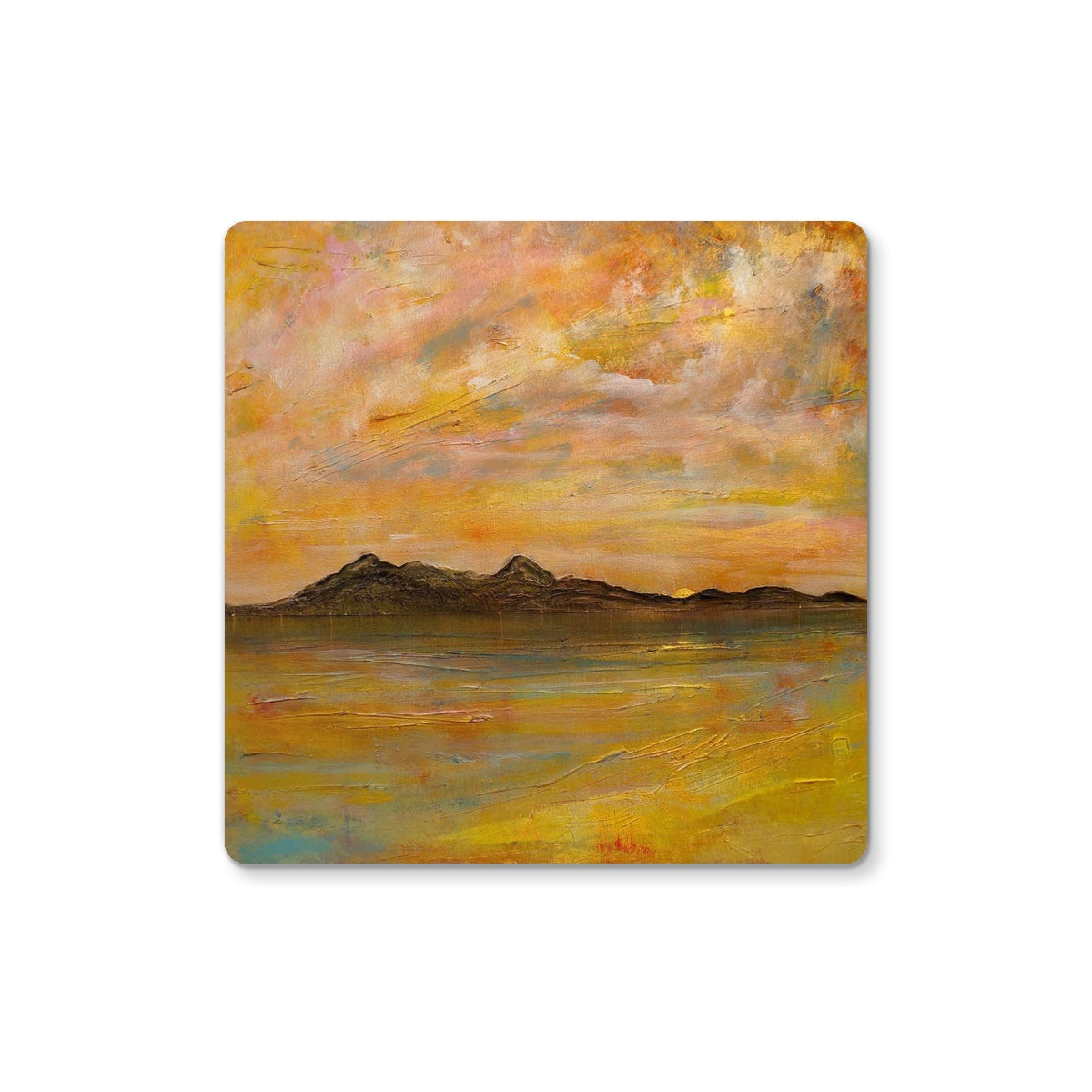 Yellow orange abstract landscape textured Arran Dusk Coaster