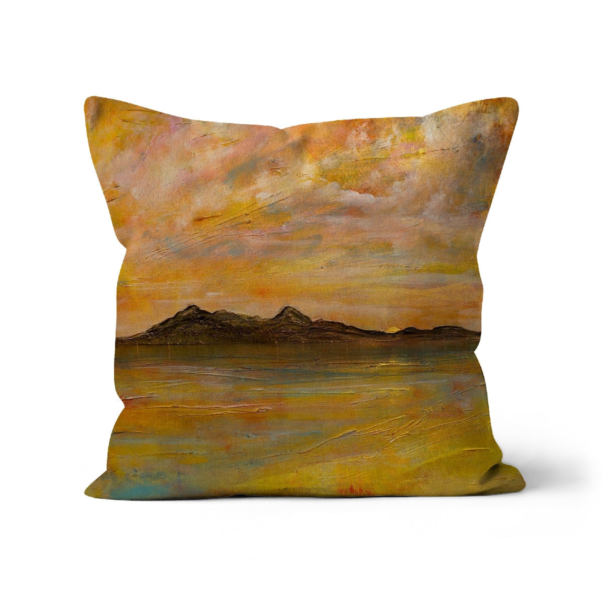 Arran Dusk yellow and brown abstract mountain landscape cushion