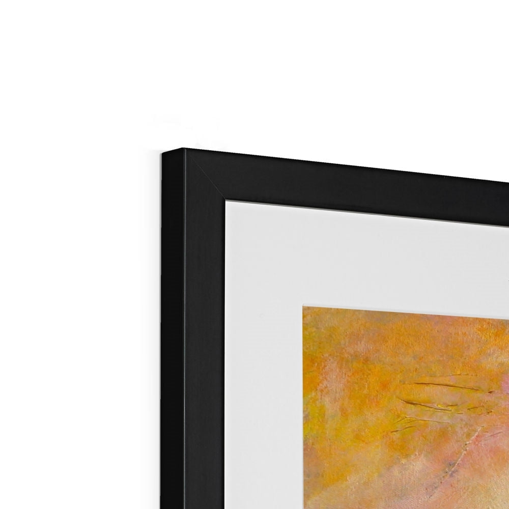 Black matte Arran Dusk art print with orange yellow abstract tones