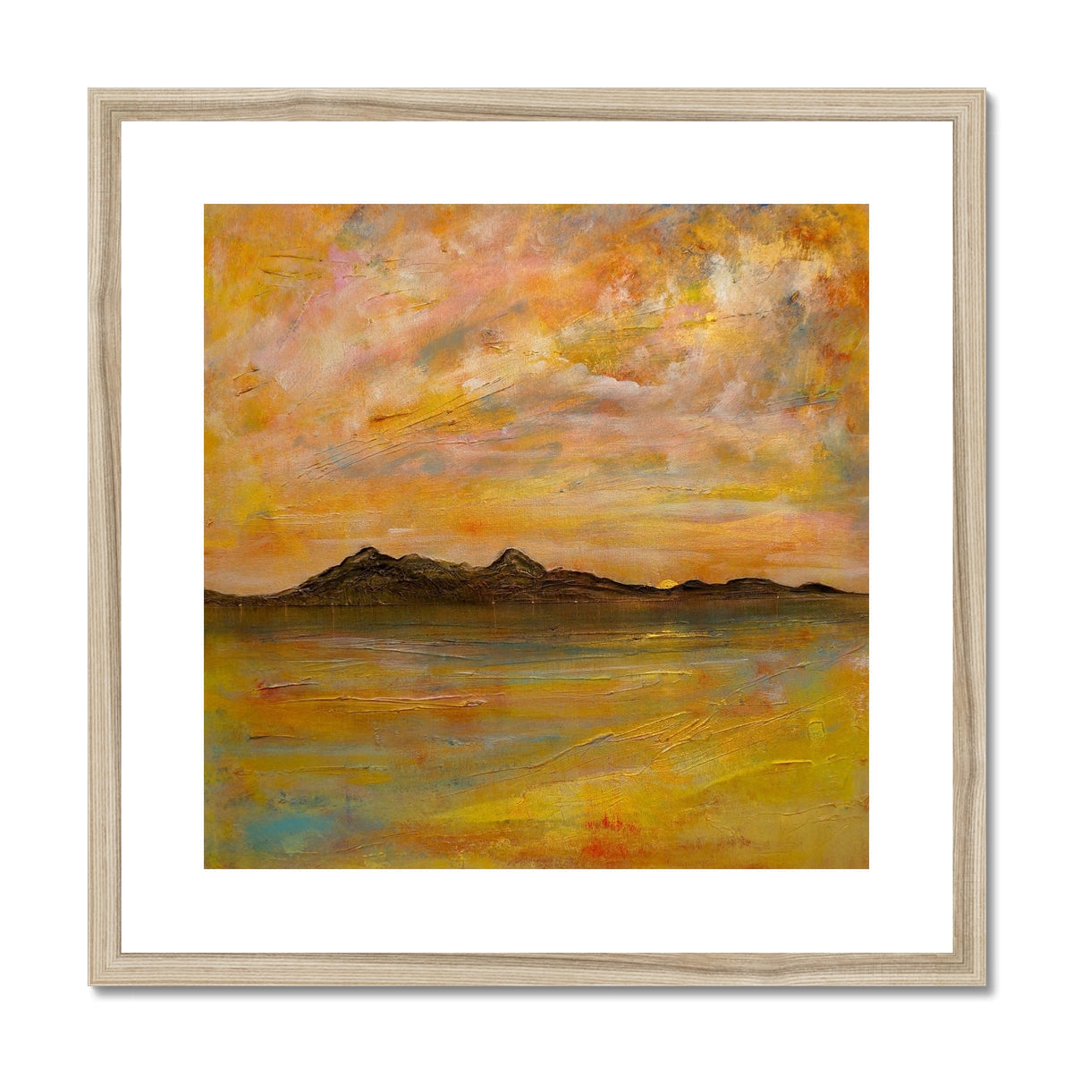 Arran Dusk: Wooden-framed abstract sunset over hills in warm hues