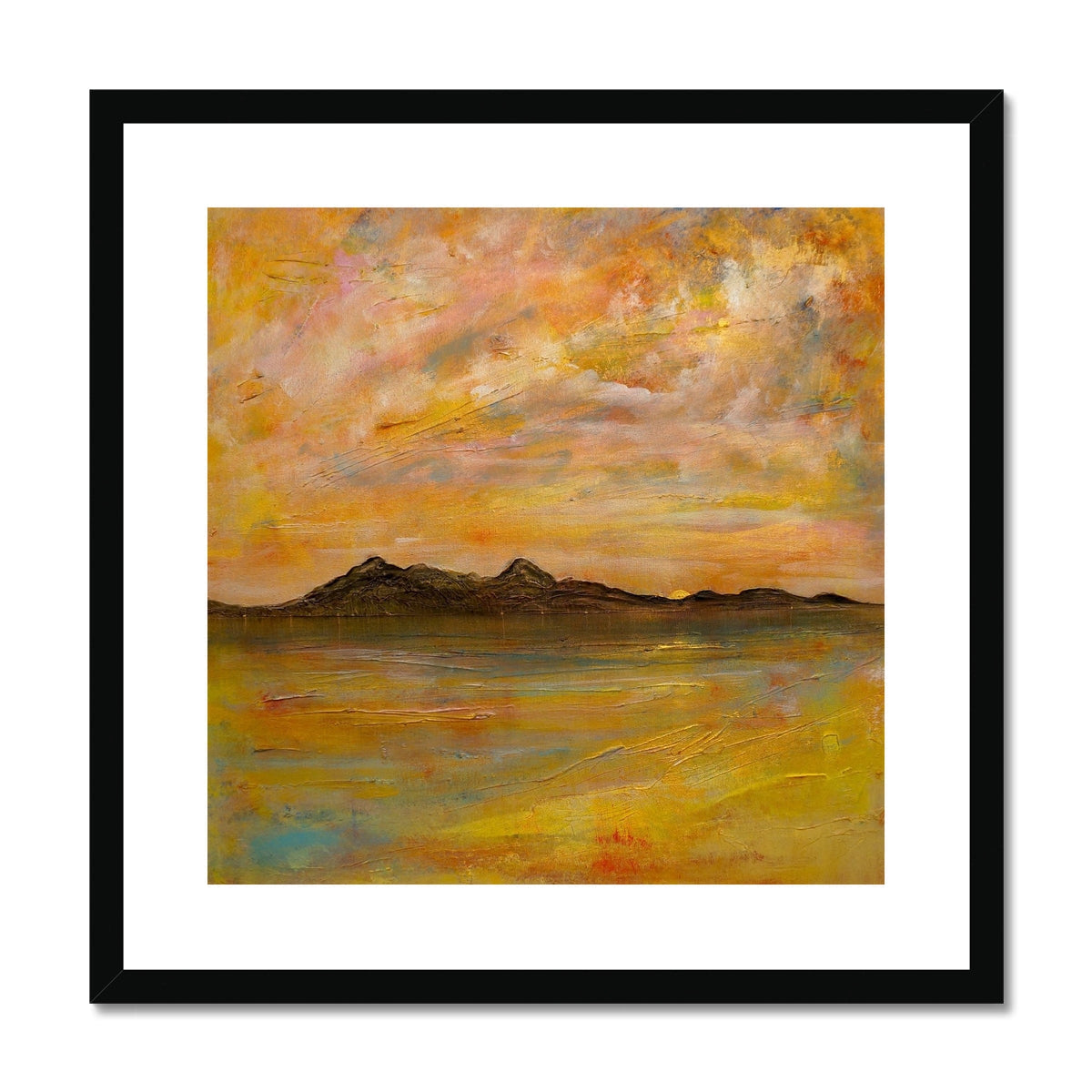 Yellow and orange abstract Arran Dusk landscape art print in black frame