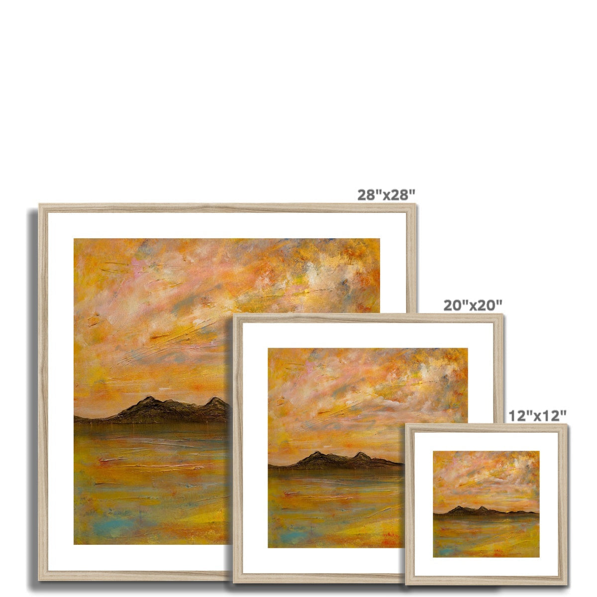 28x28 Framed Arran Dusk Landscape Painting in Golden Hues