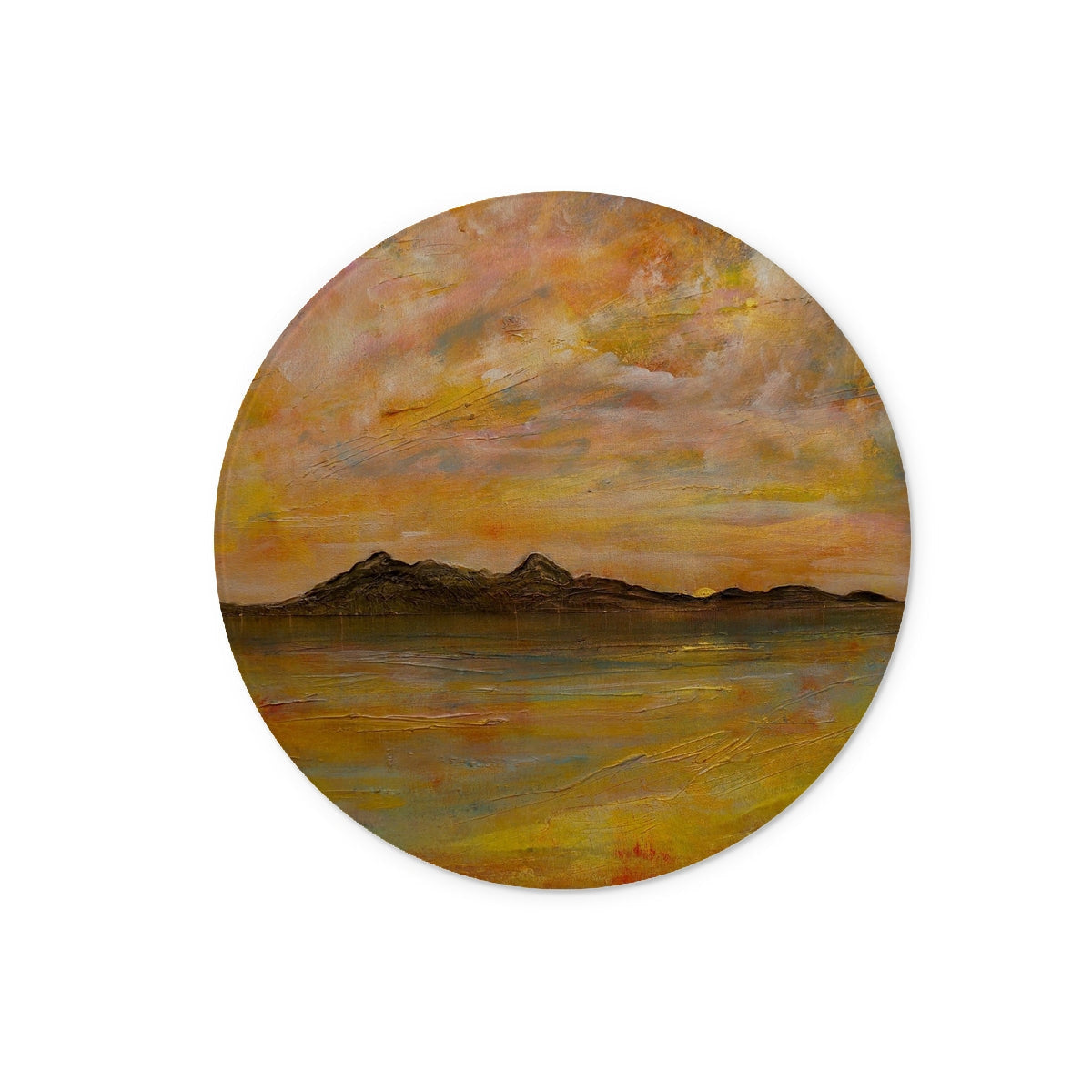 Arran Dusk yellow brown abstract mountain landscape sticker on glass chopping board