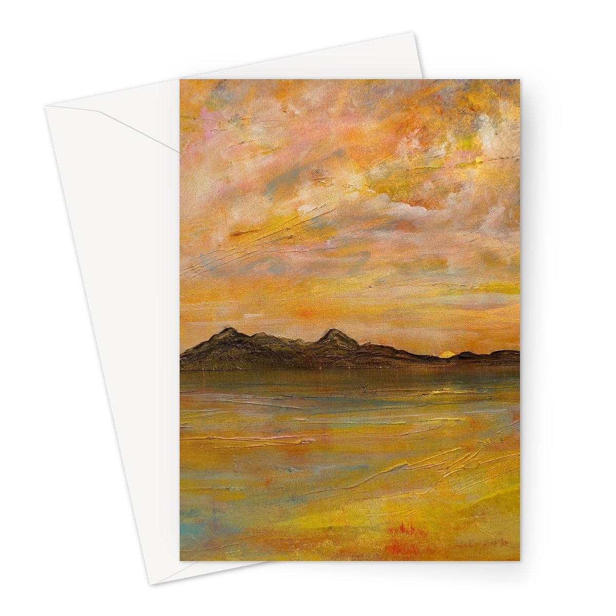 Arran Dusk greeting card with gold orange sunset landscape and envelope