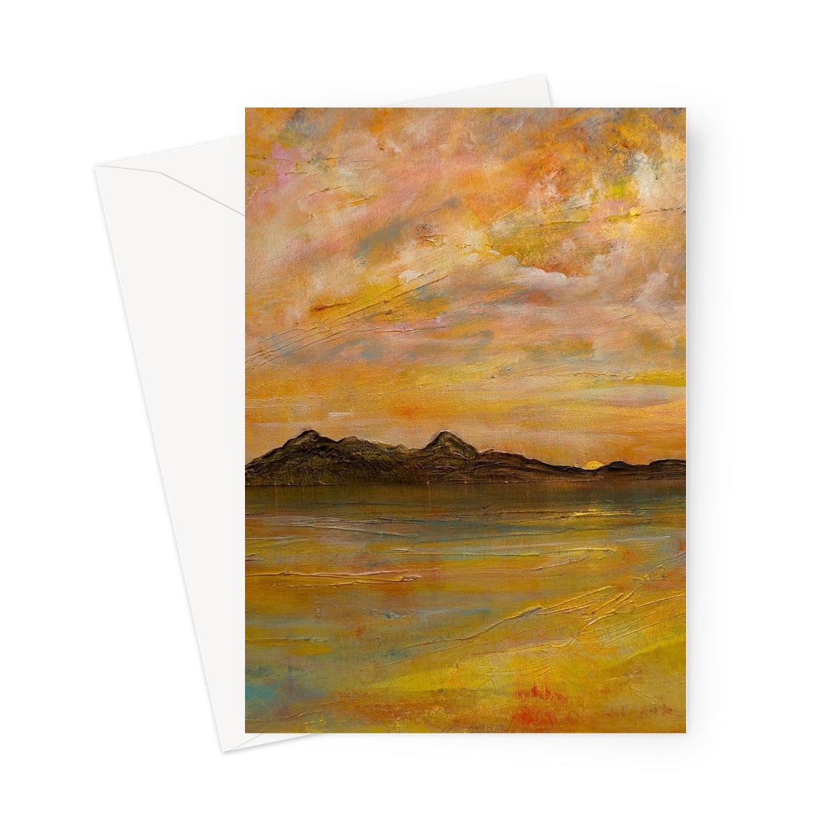 Arran Dusk Greeting Card: Yellow Orange Abstract Mountain Silhouette