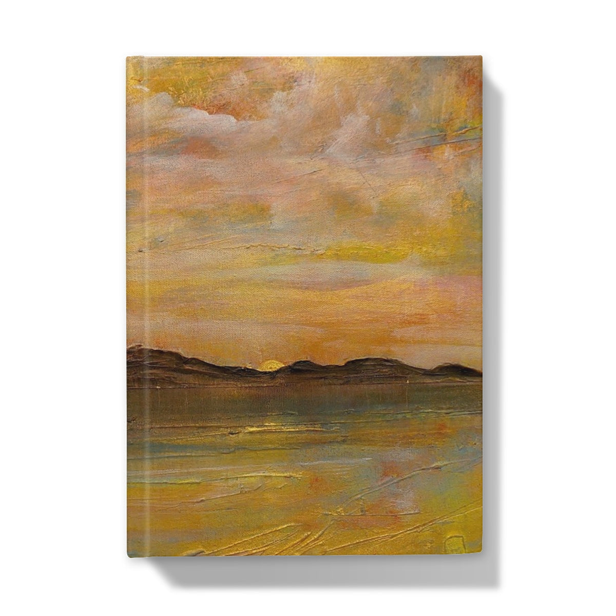 Yellow orange abstract landscape journal cover art with textured brushstrokes