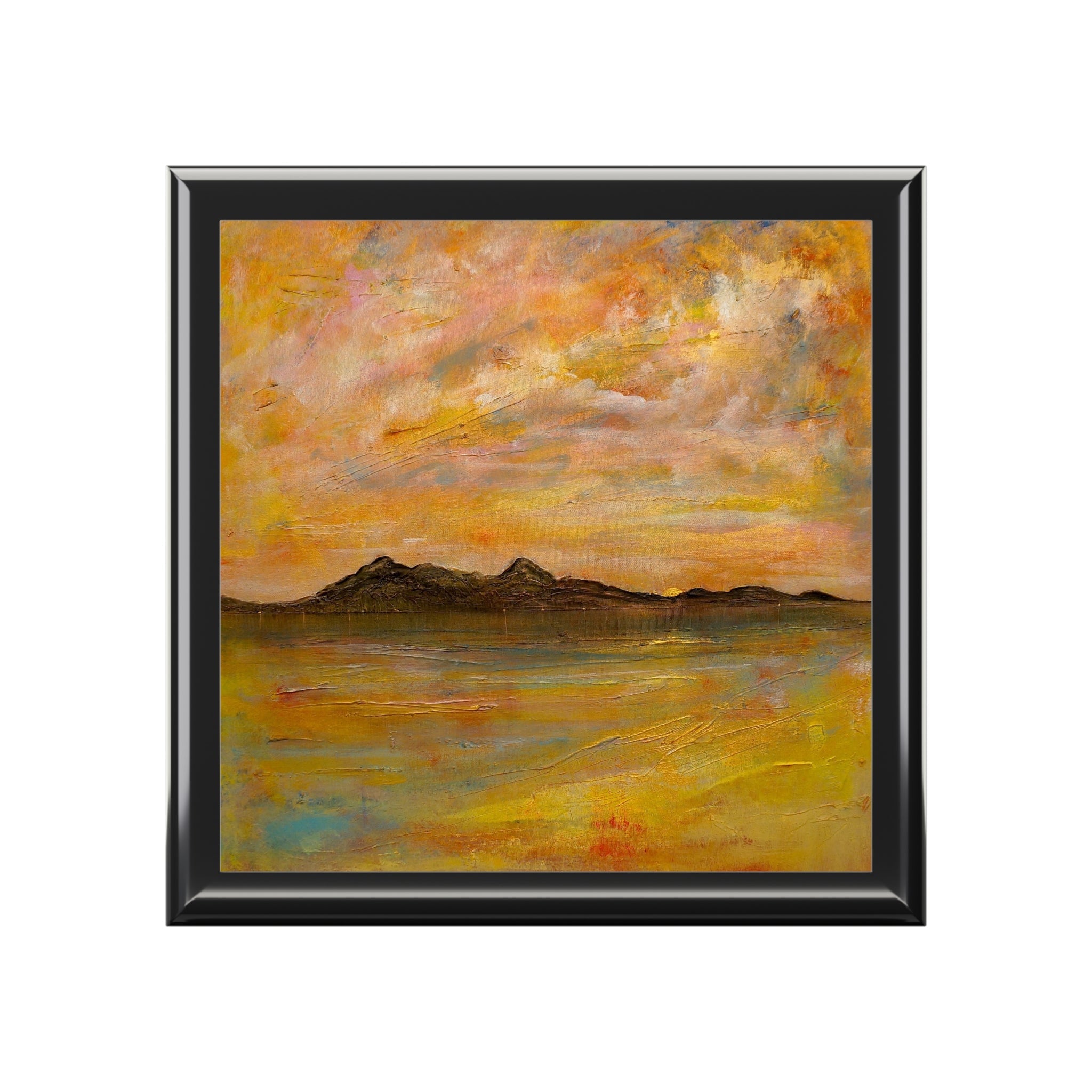 Arran Dusk black framed abstract landscape painting in jewelry box