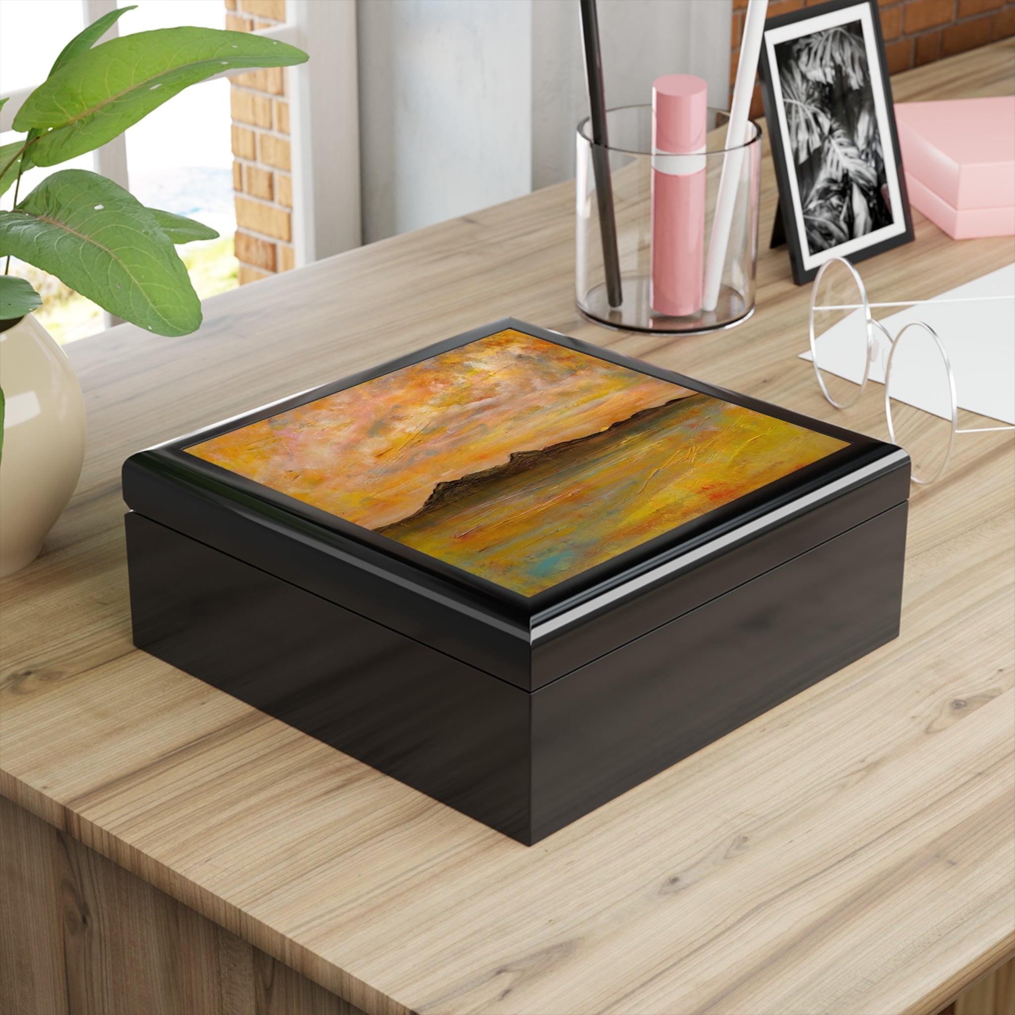Arran Dusk black and gold jewelry box with abstract Scottish design