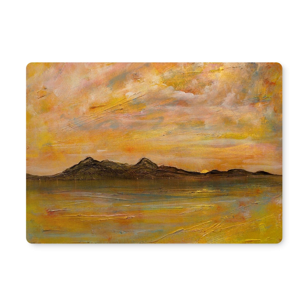 Arran Dusk placemat with yellow orange abstract mountain landscape