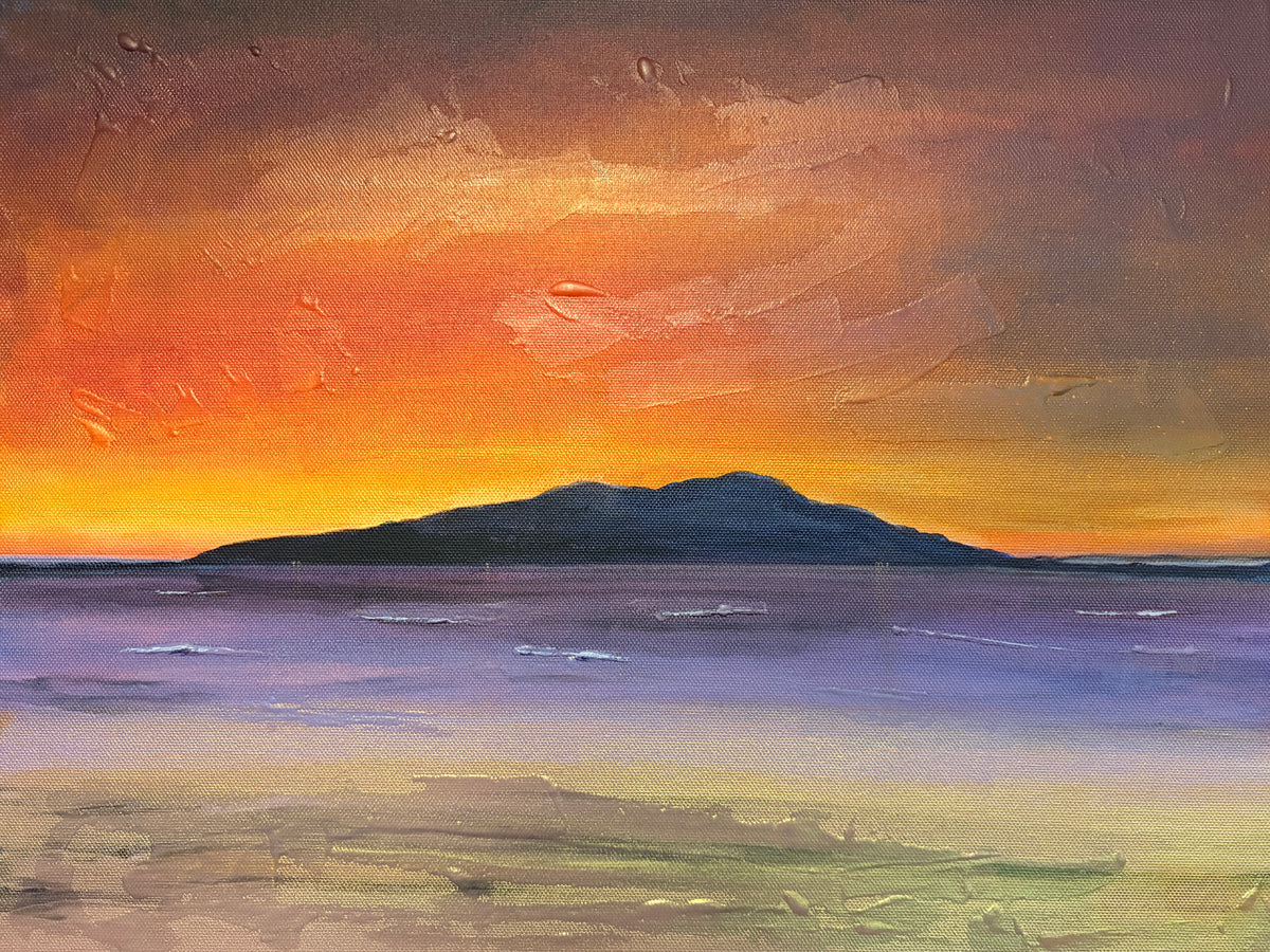 Arran embers original scottish landscape painting of a textured canvas sunset over ocean with island silhouette in orange and purple hues