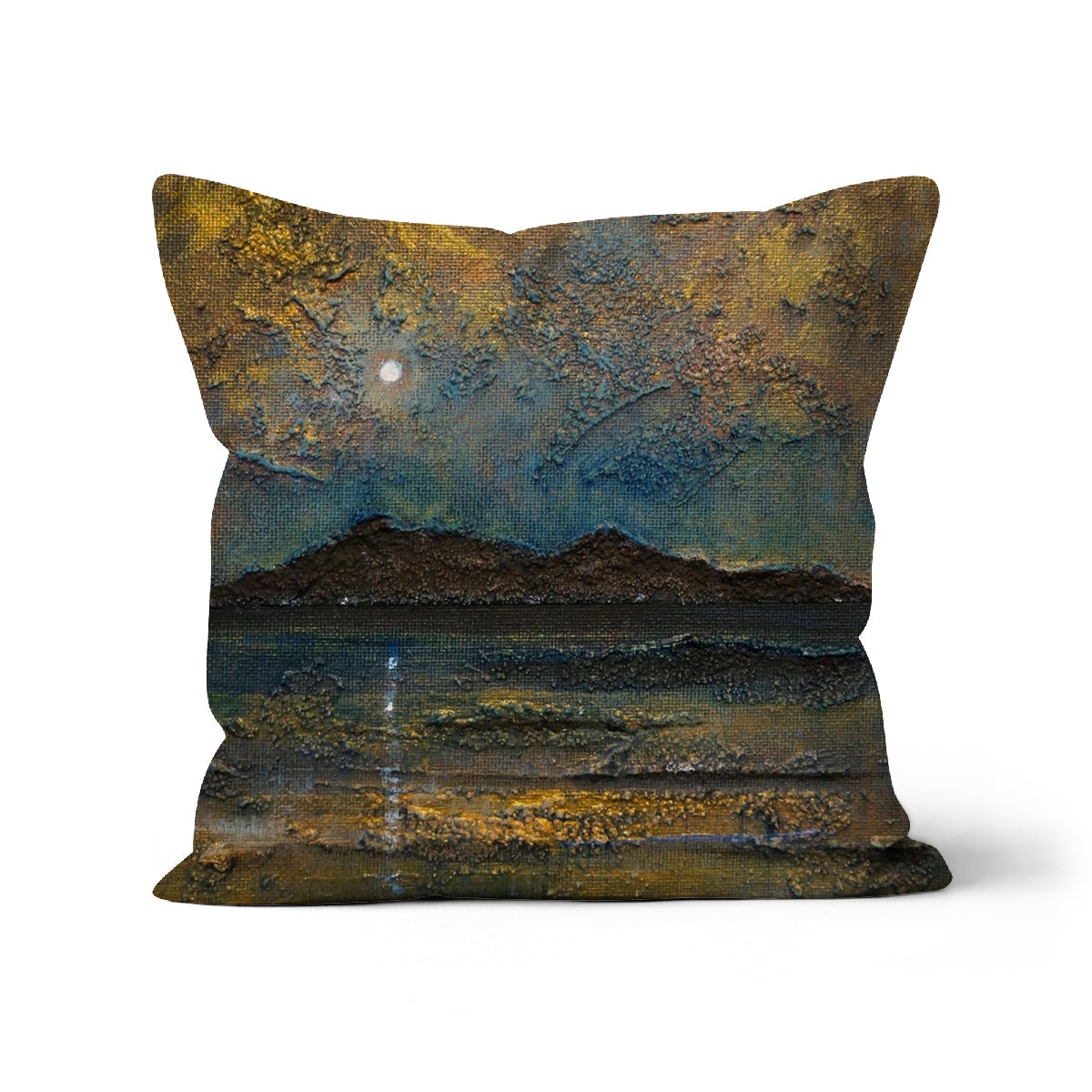 Arran Moonlight 20x20 inch throw pillow with night sky mountains and gold accents