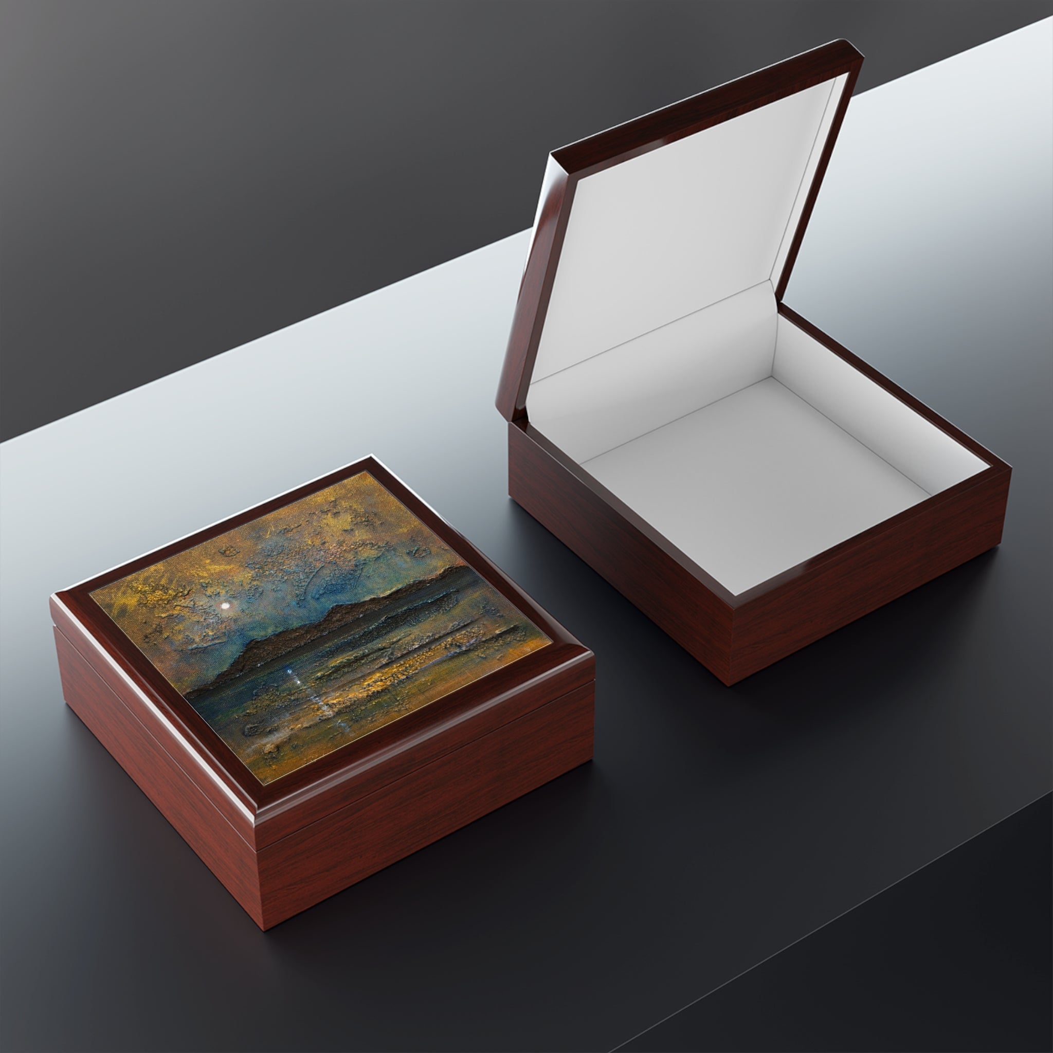 Arran Moonlight brown leather jewellery box with painted interior, Scotland