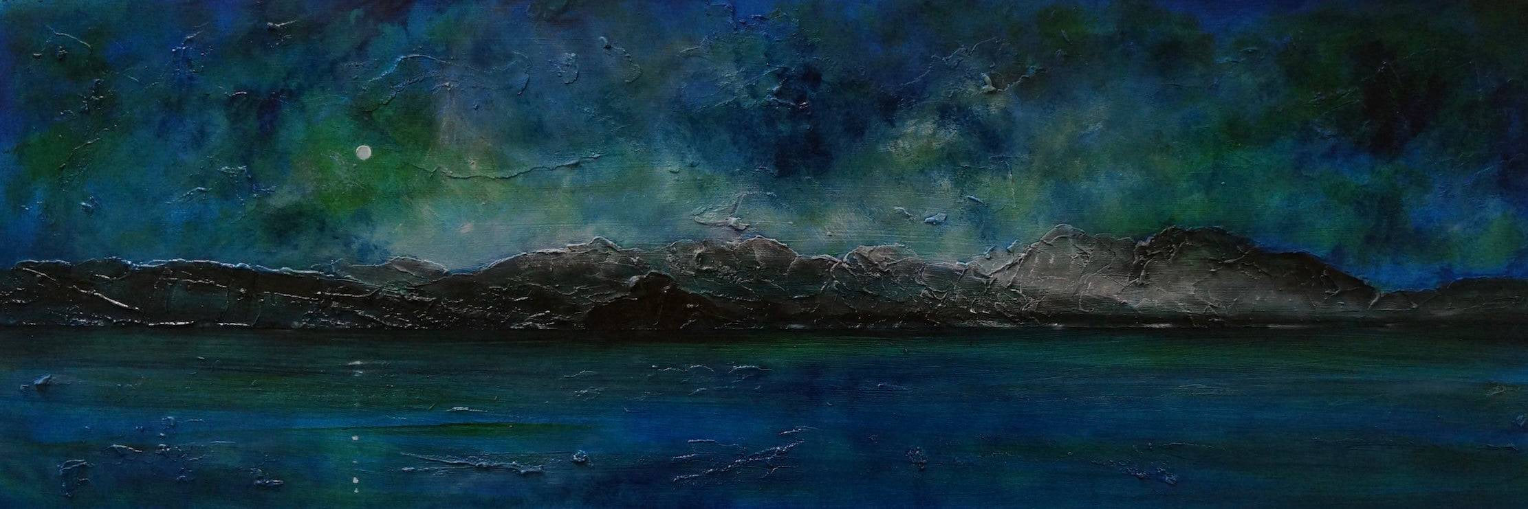 Panoramic oil painting of a moonlit mountainous landscape over water for Arran Prussian Twilight wall art