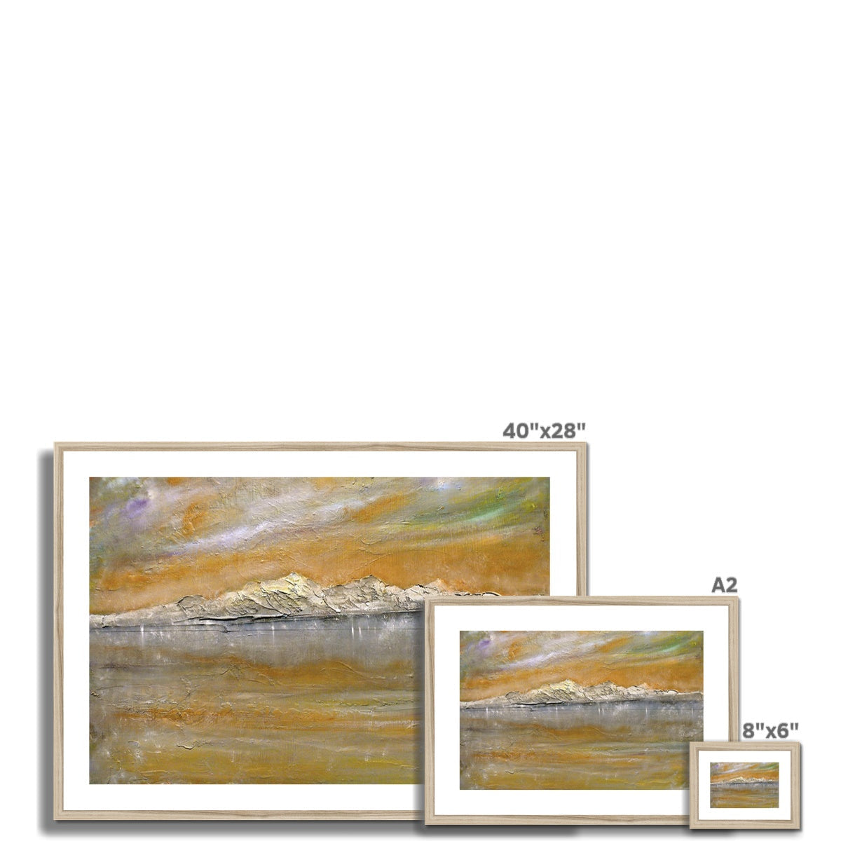 Arran Snow abstract landscape print in light wood frame with warm ochre tones