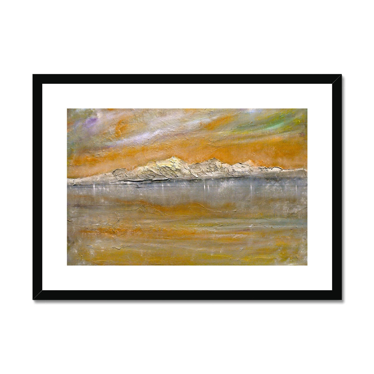 Arran Snow abstract landscape art print in black frame with orange, gray, green textured brushstrokes on reflective water