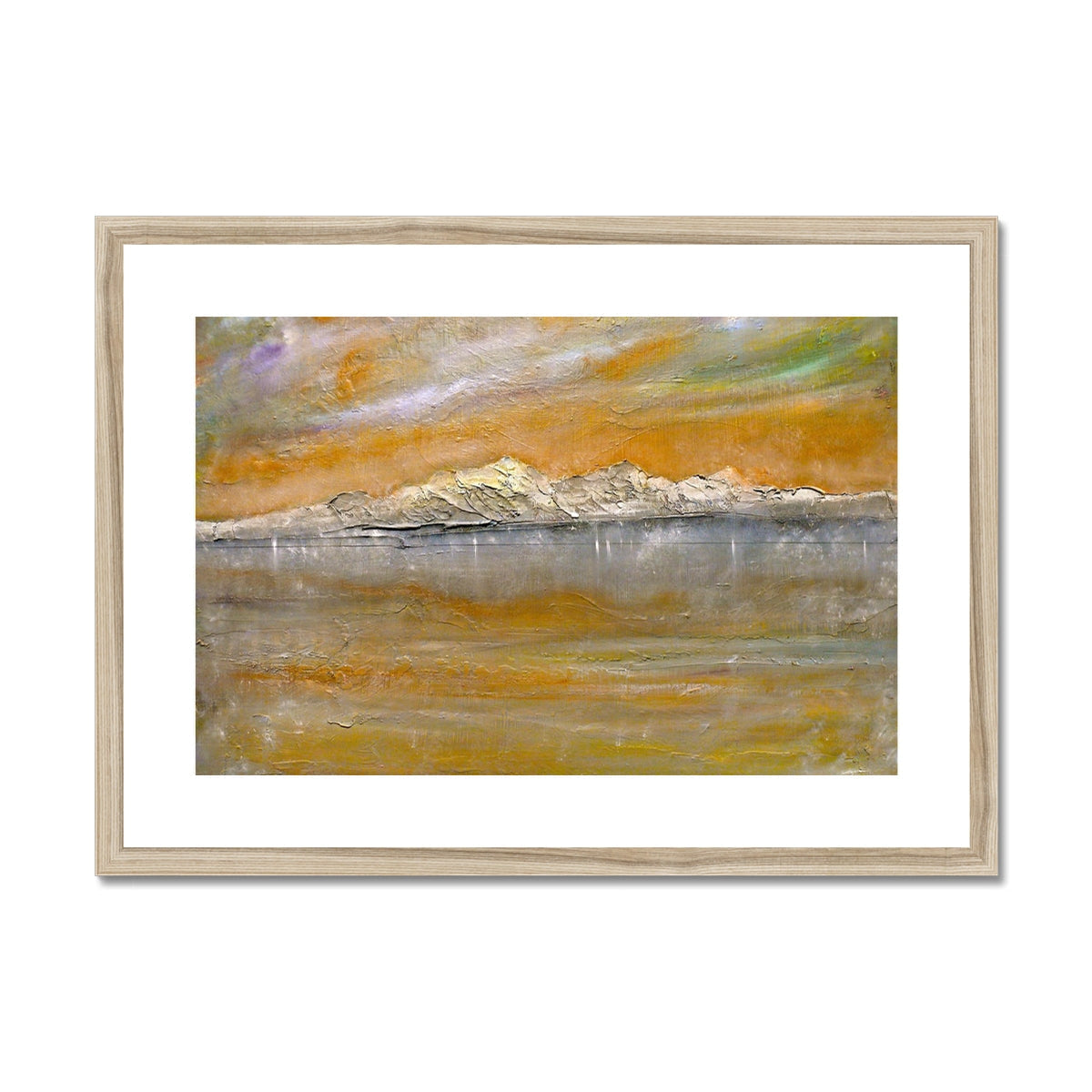 Framed Arran Snow abstract landscape art print in ochre, gray, green tones