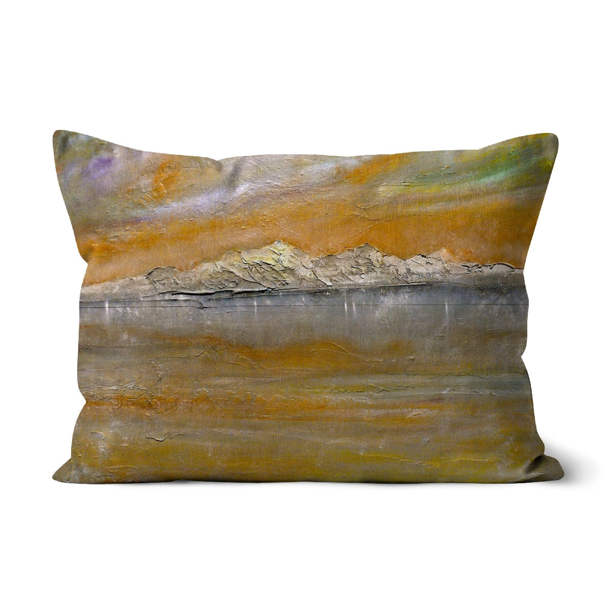 Arran Snow rectangular cushion with textured abstract landscape in ochre and gray