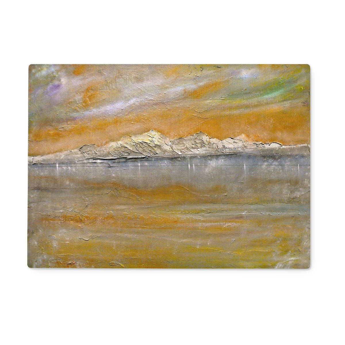 Abstract Arran Snow glass chopping board with layered ochre-gray mountain landscape