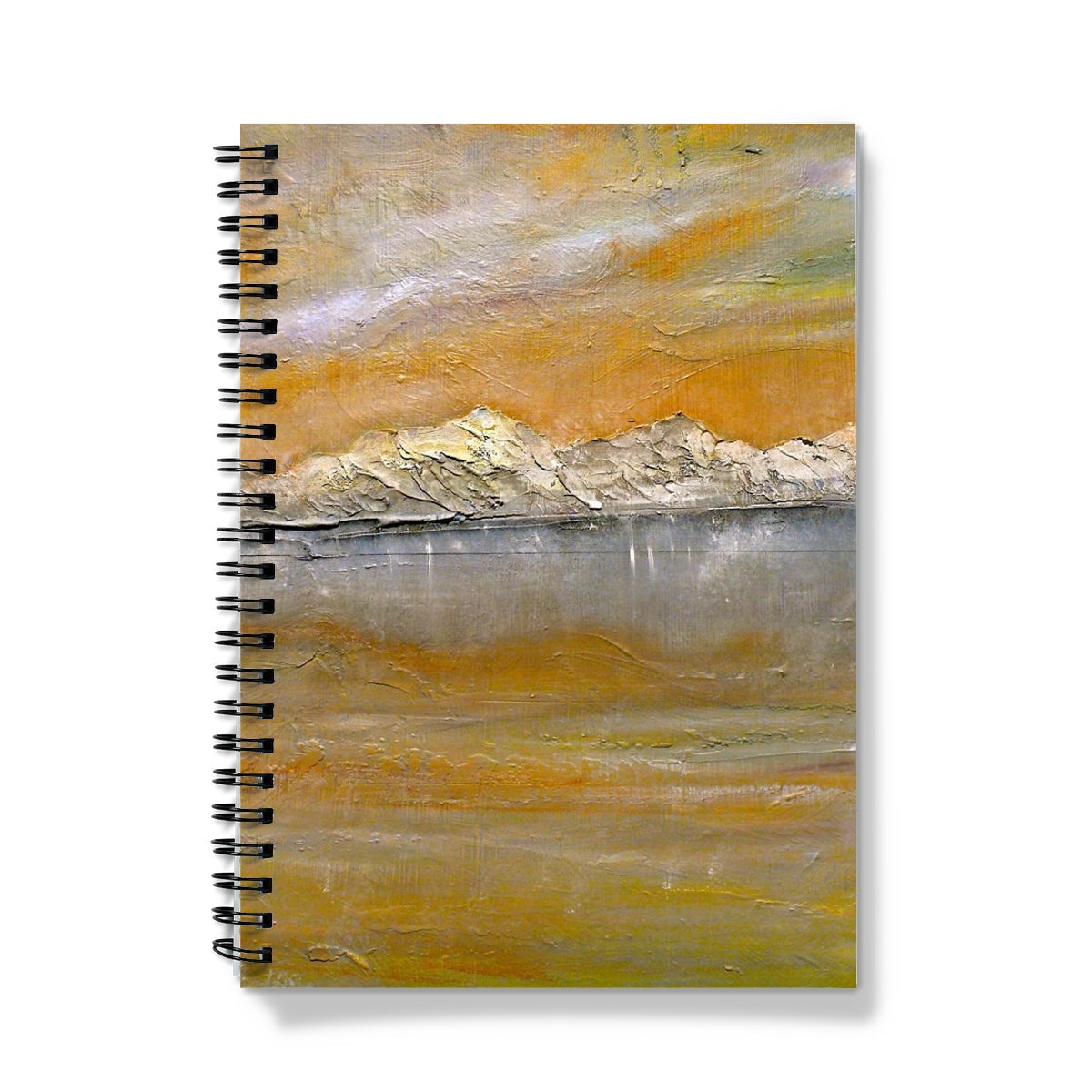 Arran Snow Notebook with impressionistic mountain landscape in gold and gray hues
