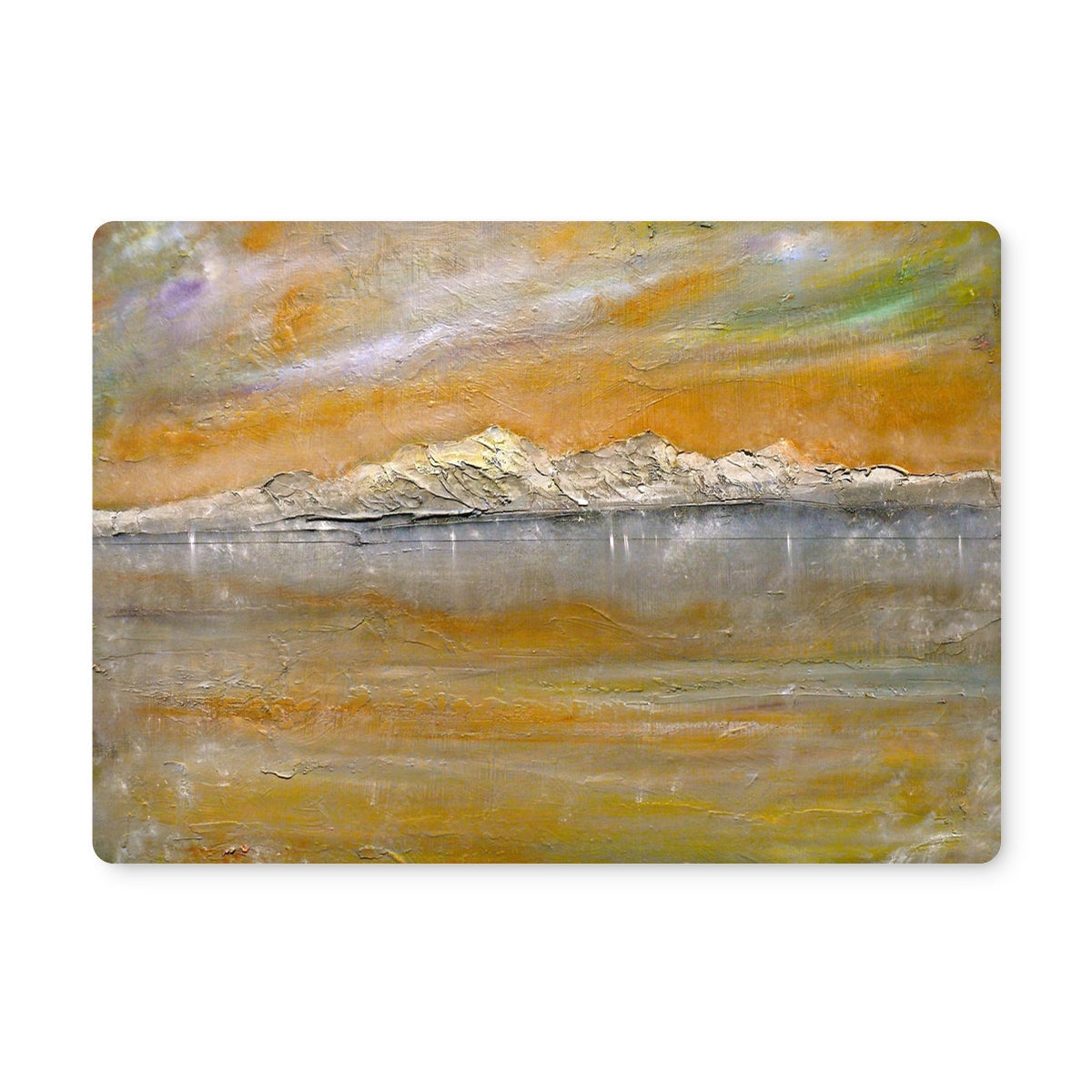 Arran Snow placemat with abstract landscape painting of textured ochre mountains in calm waters