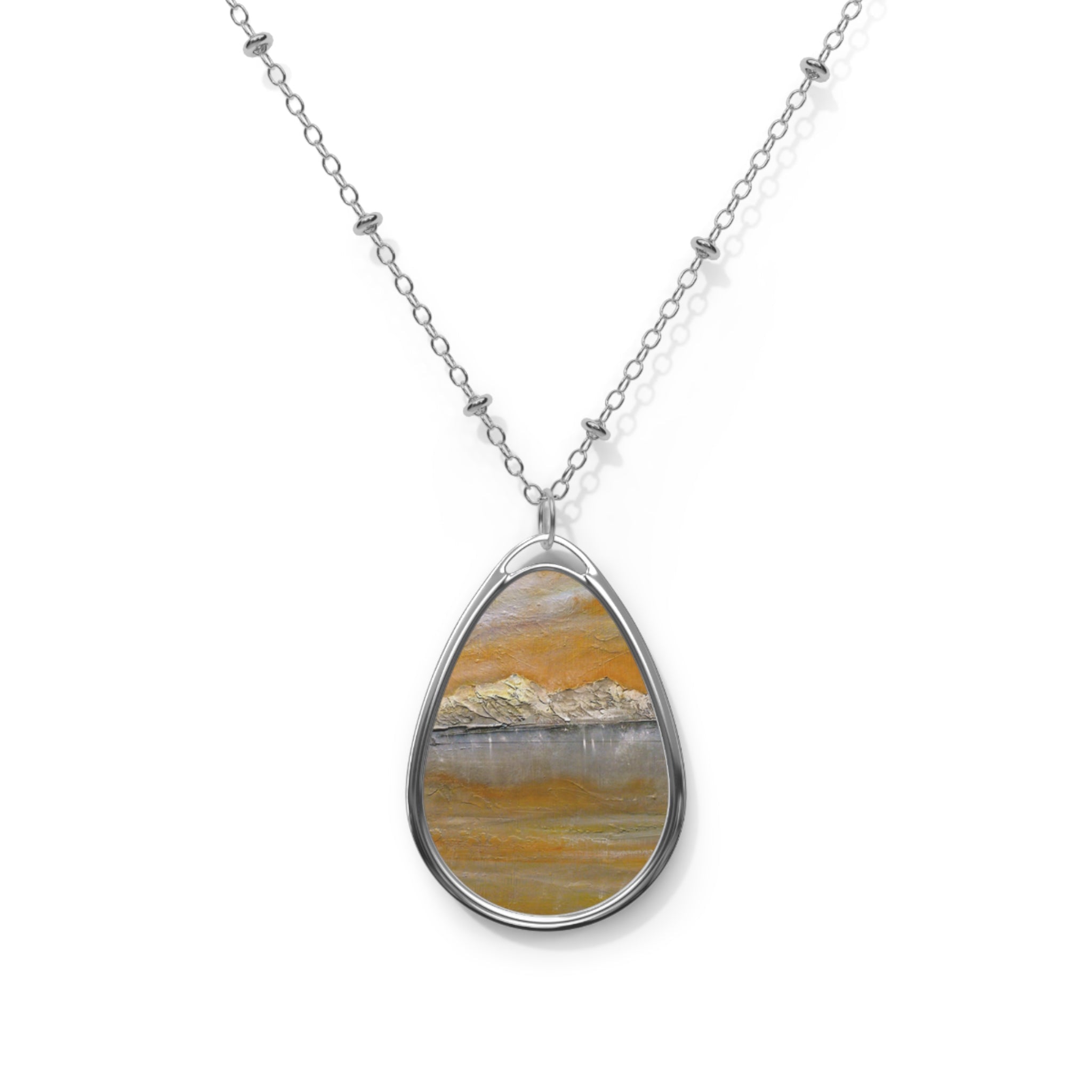 Arran Snow teardrop pendant necklace with orange stone landscape