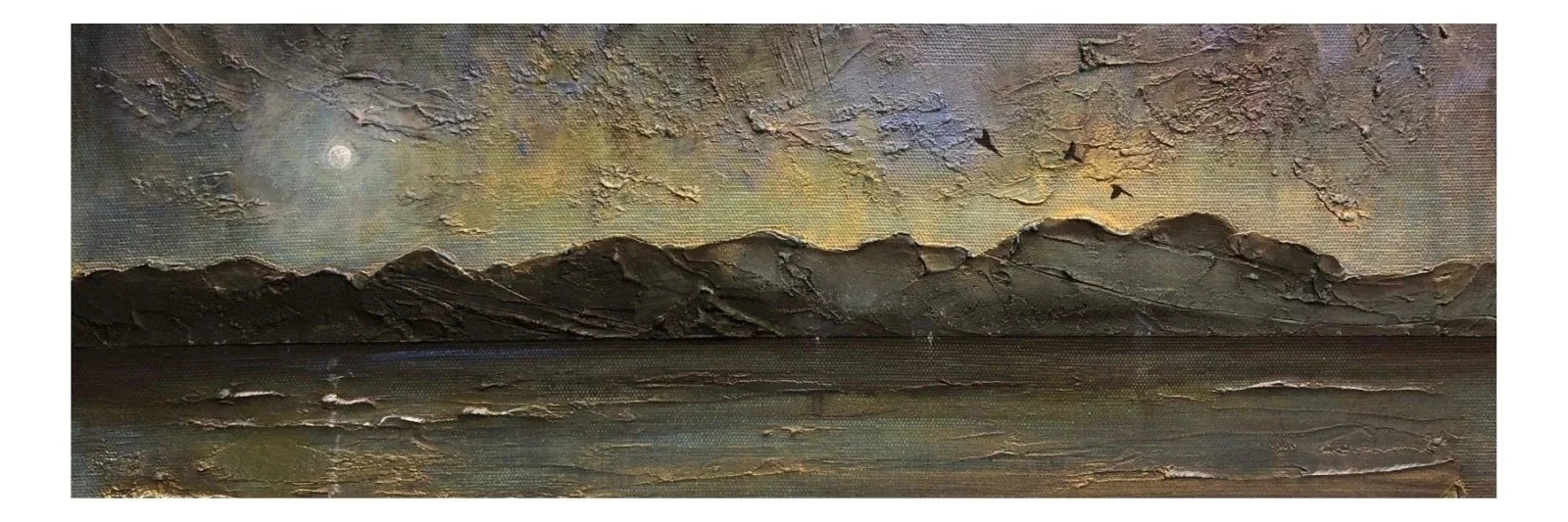 Arran Storm original panoramic painting of dark mountain landscape in muted earth tones