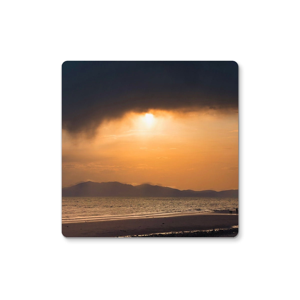 Arran Stormy Sunset Coaster with vibrant sunset beach scene on square glass surface