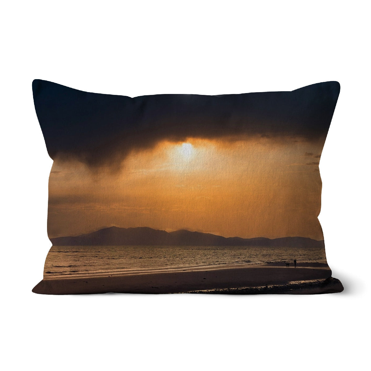 Arran Stormy Sunset Cushion: Golden sunset over water with dark blue edges